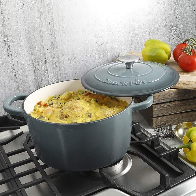 Crock-Pot Artisan 7-Quart Round Enameled Cast Iron Dutch Oven ??Slate Gray, Heavy-Duty Cookware for Slow Cooking, Baking, Roasting with Lid