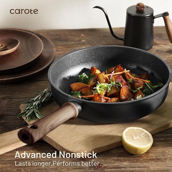 CAROTE 24Pcs Nonstick Kitchen Cookware Sets, Non stick Pots and Pans set, Induction Cookware Set Black