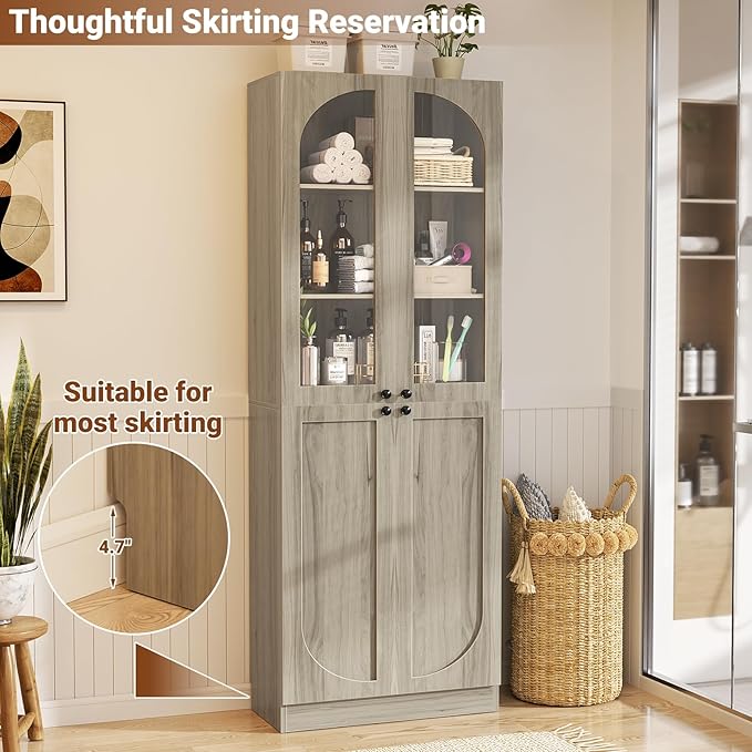 Cyclysio 80" Kitchen Pantry Cabinet, Tall Arch Storage Cabinet with Glass Doors, Freestanding Wood Floor Cupboard Bookcase with Seamless Fit Wall for Dining Room, Living Room, Bathroom (Ash Grey)