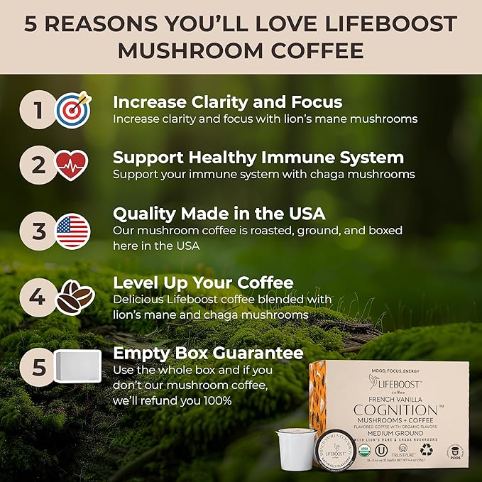 Lifeboost French Vanilla Cognition Mushroom Coffee Pods - Low Acid Organic K-Cups with Lion?셲 Mane & Chaga Nootropic Mushrooms for Focus, Energy & Immune Support - 10 Count
