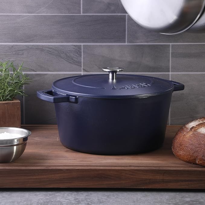 Babish 6-Quart Round Enameled Cast Iron Dutch Oven with Lid ??Blue, Heavy-Duty Dutch Oven for Slow Cooking, Braising & Baking
