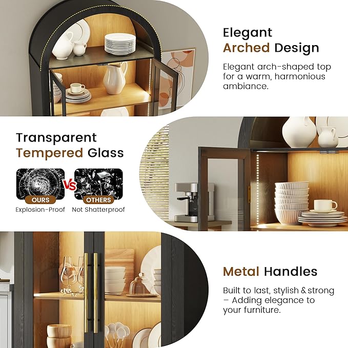 Vlsrka 71" Arched Storage Cabinet with Doors, Display Cabinet with LED Light & Human Sensor, 5-Tier Display Cases for Collectibles, Curio Cabinet with Ajustable Shelf for Living Room(Black+Wood)
