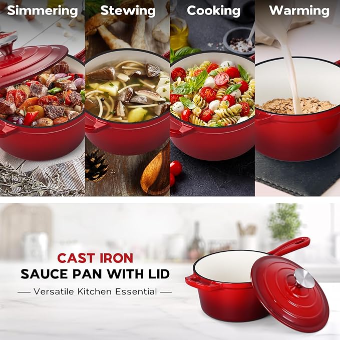 Onader 2QT Saucepan with Lid, Enameled Cast Iron Sauce Pan Pot, Small Dutch Oven Cooking Kitchen Pot, Nonstick & Heavy Duty ??Red