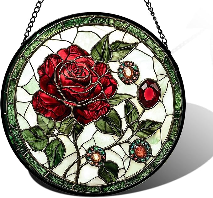 Stained Glass Window Hanging, Red Rose Gemstone Green Sun Catchers Diamond Glass Panel Hangings Suncatcher Decor for Birthday for Women, Men, Wife, Aunt, and Mom 11.8x11.8 in