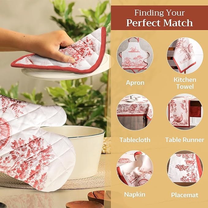 Maison d' Hermine Oven Gloves 100% Cotton Oven Mitt 7" x 13" with Loop Heat Resistant BBQ Cooking Gloves for Thanksgiving Christmas Decorations Baking Handling Hot Pans (Pack of 1, Holy Jouy - Red)