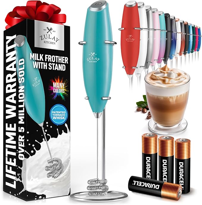 Zulay Kitchen Patented Tornado Triple Whisk Milk Frother with 4 Duracell Batteries ??Handheld Foam Maker for Coffee, Lattes, Matcha & Hot Chocolate ??Rich, Creamy Froth in Seconds