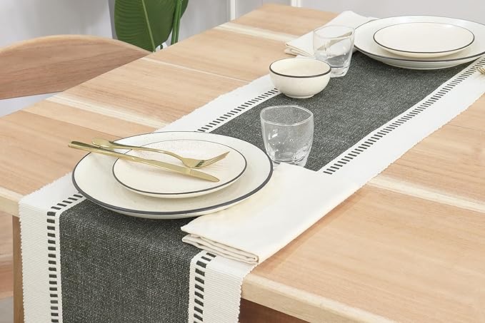 PurpleEssences Table Runner - Wide with Dobby Stripe, Heavy Ribbed Weave & Double Knot Fringes, 14x54 Inch (14x59.5 with Fringes) Farmhouse Decor Christmas Holiday Winter - Artichoke Green and H.White