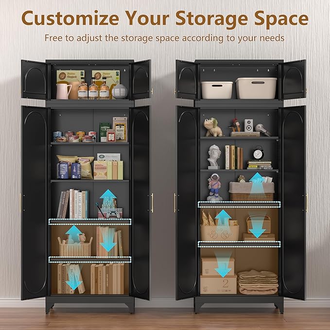 Kitchen Pantry Cabinet, 90" Tall Metal Pantry Cabinet, Food Cupboards with Doors and Shelves, Freestanding Storage Cabinets for Dining, Living Room, Black,16"D x 32"W x 90"H, Assembly Required