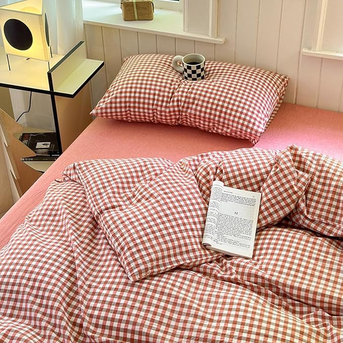 LifeTB Queen Comforter Set Modern Style Red Orange Gingham Comforter Lightweight Plaid Checkered Pattern Comforter Soft Fluffy Gingham Bedding Set Farmhouse Grid Plaid Comforter Set Queen
