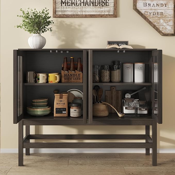 Sideboard Buffet Cabinet with Storage, Large Kitchen Coffee Wine Bar Cabinet with Glass Press-to-Open Doors, Wood Mid Century Modern Side Board Table for Dining Room, Living Room