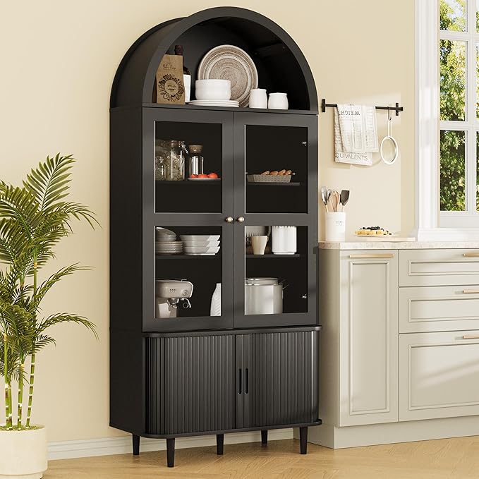 DHH 71" Tall Arched Kitchen Pantry, Modern Farmhouse Wood Kitchens Storage Cabinets with Sliding Doors竊?Adjustable Shelves, Versatile Cupboard for Kitchen, Living Dining Room, Bathroom (Black)