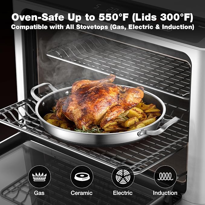 14 Inch Paella Pan with Lid, Ceramic Nonstick & Stainless Steel Induction Ready, 12-Serving Large Skillet, Oven Safe 550째F for Paella, Searing, Frying (Family Gathering & Outdoor Cooking)