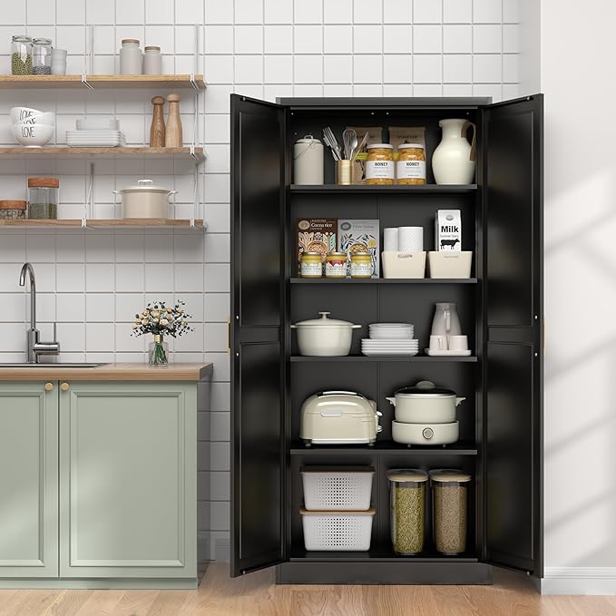 71" Kitchen Pantry Cabinet, Pantry Storage Cabinet with Doors and 4 Shelves, Metal Storage Cabinets for Kitchens, Living Room, Dinning Room, Assembly Required, Black