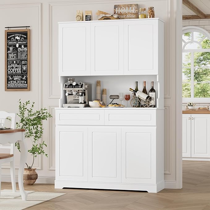 FACBOTALL 74" Pantry Cabinet, Tall Kitchen Pantry Cabinet with 6 Doors and 2 Drawers, Kitchen Hutch with Wide Countertop, Modern Kitchens Cupboard with Adjustable Shelves and Charge Holes, White