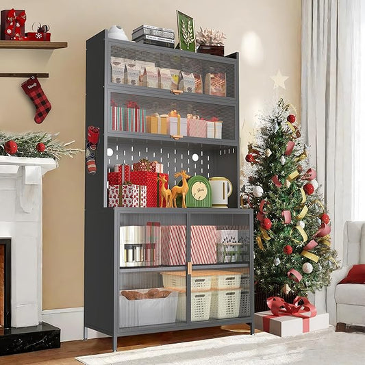 Ball & Cast 73?쿛antry Cabinet,Versatile Metal Storage Cabinet with Microwave Shelf,Pegboard Spacious, Adjustable Shelves Moden Kitchen Cabinet w/Anti-Tipping Safety for Kitchen,Dining Room,Grey