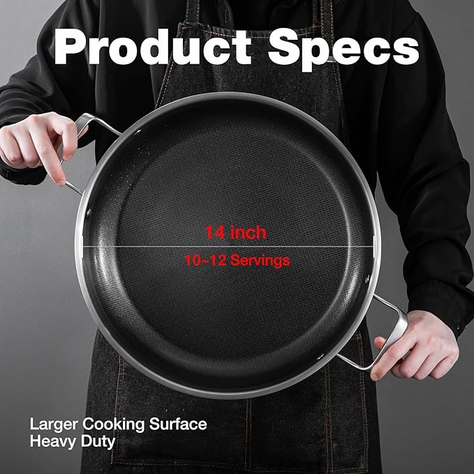 14 Inch Paella Pan with Lid, Ceramic Nonstick & Stainless Steel Induction Ready, 12-Serving Large Skillet, Oven Safe 550째F for Paella, Searing, Frying (Family Gathering & Outdoor Cooking)