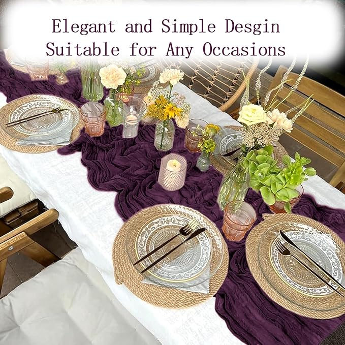 4 Pack Dark Purple Cheesecloth Table Runner 20 x 120 inch Gauze Table Runners 10 FT Long,Semi Sheer Boho Cheese Cloth Fabric Table Runner Bulk for Party,Wedding,Baby Shower,Bridal Shower Decoration