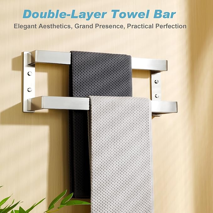 Alise Double Towel Bar, Brushed Nickel Towel Racks for Bathroom Wall Mounted, Stainless Steel Bathroom Towel Holder, Modern Space Saving Towel Rod, 16"