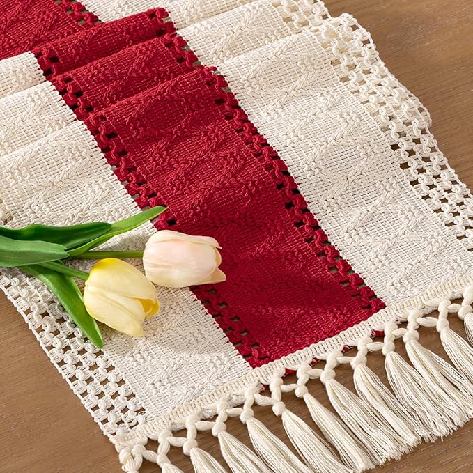 Socomi Boho Table Runner Valentine's Day Farmhouse Rustic Dining Kitchen Centerpiece Decor Small Macrame Woven Cotton Linen Coffee Table Runner for Dresser Scarf Home Decor 12x72 in Red Ivory