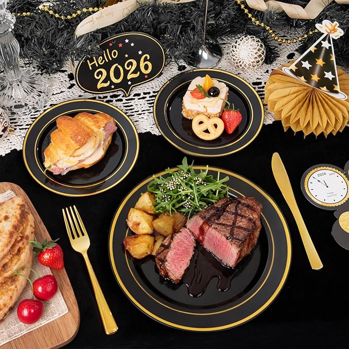 350 Pieces Black and Gold Plastic Plates with Disposable Silverware, Include 50 Dinner Plates 9?? 50 Dessert Plates 6.3?? 50 Black Cups 9 OZ, 50 Pre Rolled Napkins for New Year