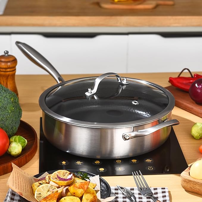 LOLYKITCH 5 QT Hybrid Ceramic Coating Non Stick Tri-Ply Stainless Steel Saut챕 Pan with Lid, 12 Inch Deep Frying Pan PFOA & PFOS Free,Induction Cooking Pan, Dishwasher and Oven Safe