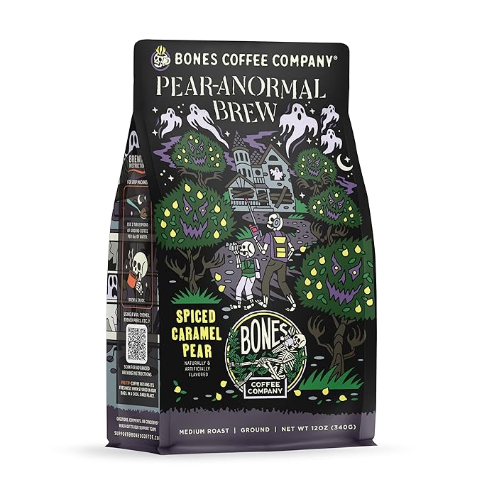 Bones Coffee Company Pear-Anormal, Caramel and Spiced Pear Flavored Coffee, Medium Roast Low Acid Arabica Beans Compatible with Auto drip and French Press Coffee Maker, 12 Oz Ground