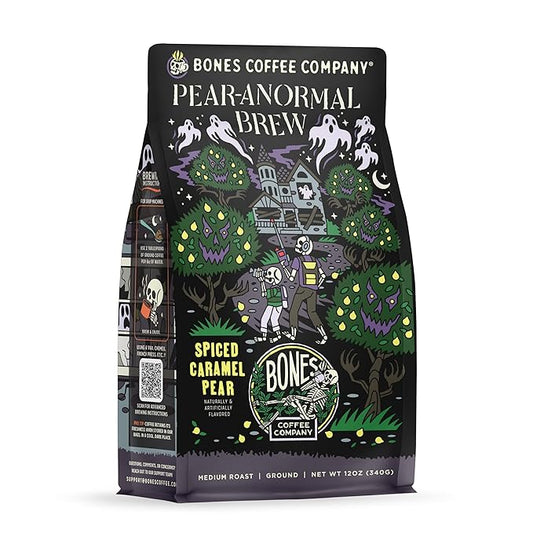 Bones Coffee Company Pear-Anormal, Caramel and Spiced Pear Flavored Coffee, Medium Roast Low Acid Arabica Beans Compatible with Auto drip and French Press Coffee Maker, 12 Oz Ground