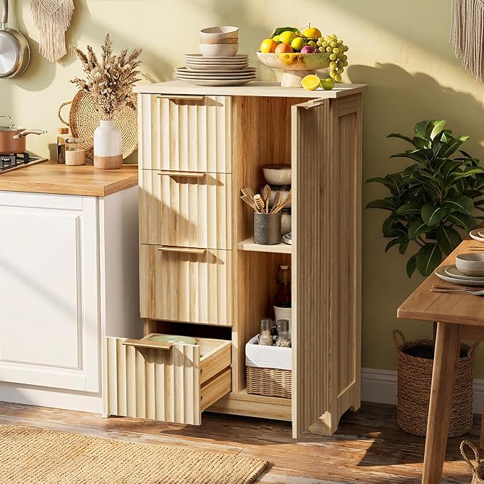 VINGLI Fluted Sideboard Buffet Cabinet, Modern Wood Storage Console with Doors and Drawers, Multi-Function Storage Cabinet for Living Room, Dining Room, Kitchen,Oak