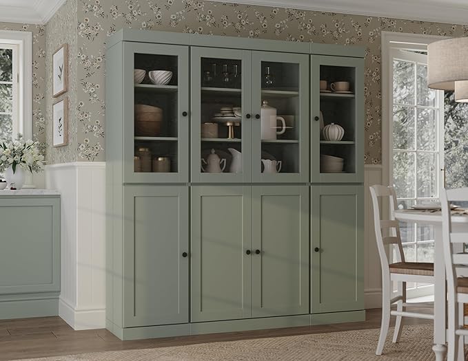 Palace Imports 100% Solid Wood Kitchen China Pantry Cabinet, 65" W - 4 Clear Glass & 4 Shaker Doors, Renewable Eco-Friendly Wood, Made in Brazil (Sage, 8 China/Shaker Doors | NO Drawers)