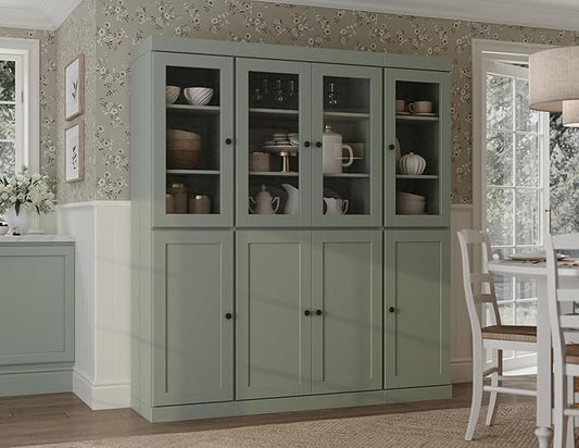 Palace Imports 100% Solid Wood Kitchen China Pantry Cabinet, 65" W - 4 Clear Glass & 4 Shaker Doors, Renewable Eco-Friendly Wood, Made in Brazil (Sage, 8 China/Shaker Doors | NO Drawers)