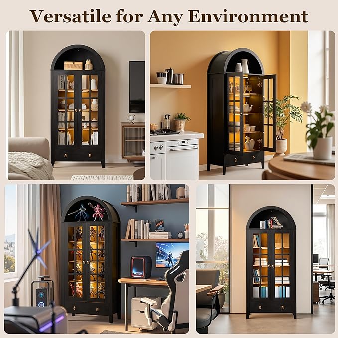 71" Tall Arched Cabinet with Glass Doors, Wood Kitchen Pantry with LED Sensor Lights, Farmhouse Freestanding Versatile Cupboard for Living Room,Dining Room,Home Office, Black