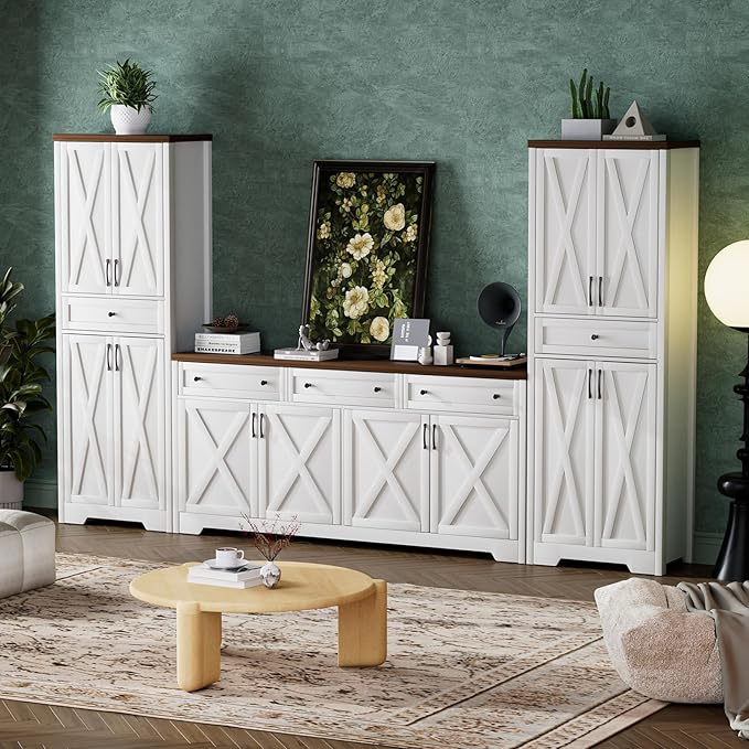 Lyromix 3 Pieces Sideboard and Pantry Set with Storage, Brown Farmhouse Wall Unit Entertainment Center, Large Kitchen Sideboard Buffet Pantry Cabinet with Drawers