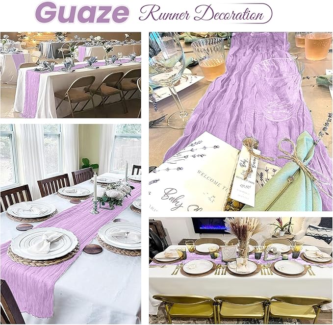 4 Pack Lavender Cheesecloth Table Runner 20 x 120 inch Gauze Table Runners 10 FT Long,Semi Sheer Boho Cheese Cloth Fabric Table Runner Bulk for Wedding,Party,Baby Shower,Bridal Shower Decoration