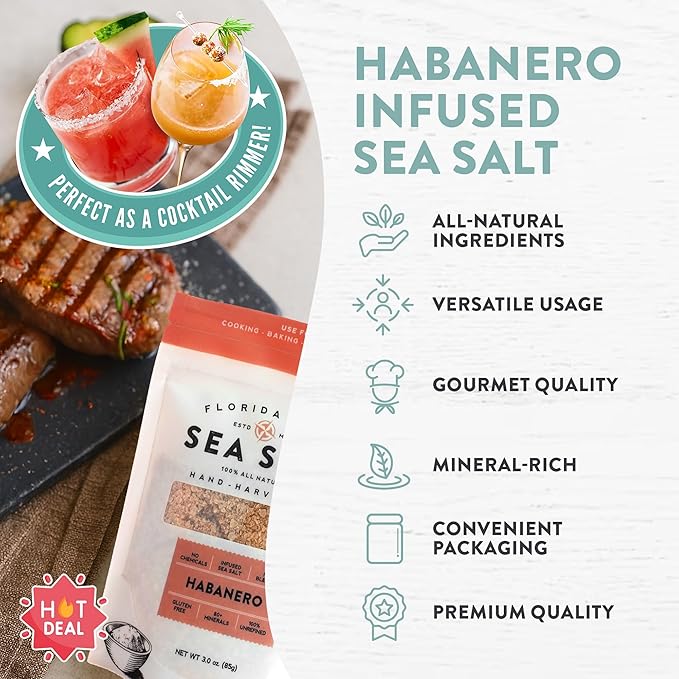 FLORIDA PURE Habanero Sea Salt - 80+ Mineral Sea Salt, Natural, Unrefined, Non Iodized - for Baking, Cooking, Seasoning & Enhancing Taste - Rich Taste Flaky Sea Salt (3 oz Pouch)