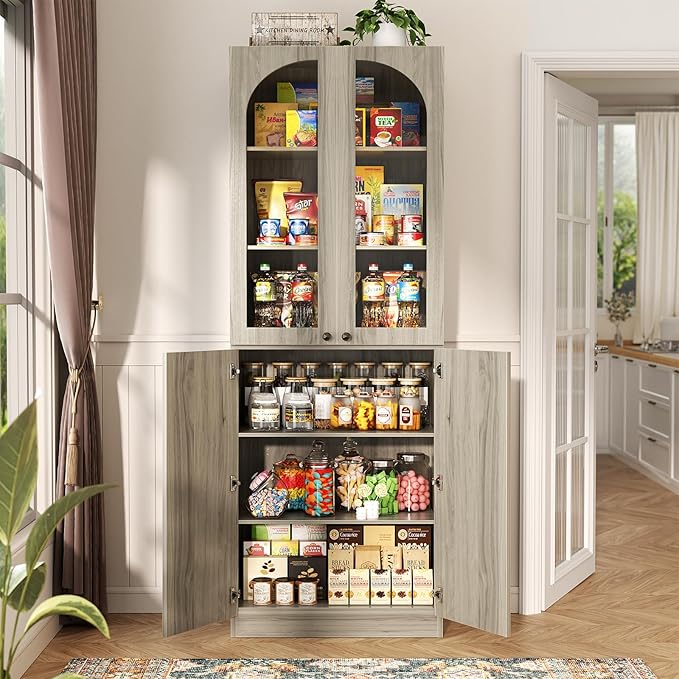 Cyclysio 80" Kitchen Pantry Cabinet, Tall Arch Storage Cabinet with Glass Doors, Freestanding Wood Floor Cupboard Bookcase with Seamless Fit Wall for Dining Room, Living Room, Bathroom (Ash Grey)