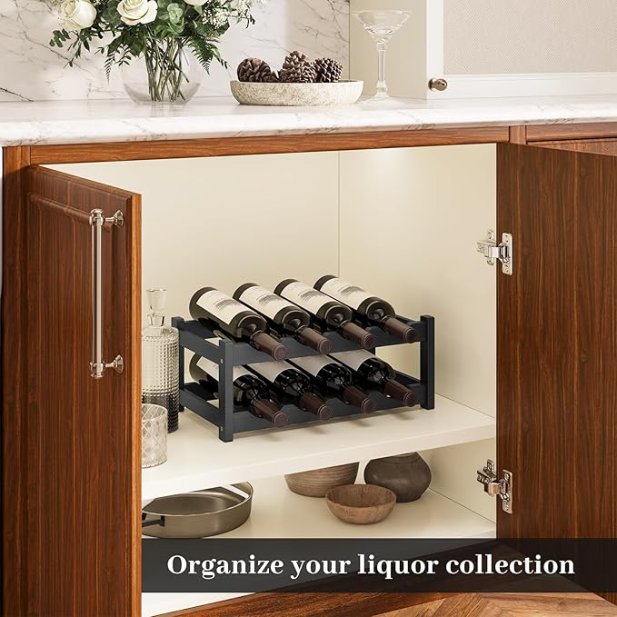 Wine Rack竊똁amboo Wine Storage Cabinet Shelf竊똂ountertop Wine Shelf- Freestanding Wine Holder for Kitchen & Pantry (Black, 2-Tier)