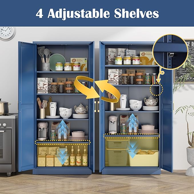 Kitchen Pantry Cabinet,71?쒫lue Metal Pantry Storage Cabinets with Doors and 4 Adjustable Shelves,Kitchen Cabinet with 2 Gold Handles,Tall Cabinet for Livingroom,