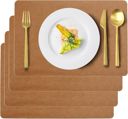 Uolr Vinyl Placemats Set of 4 Faux Leather 100% Waterproof Wipeable Washable Place Mats Heat Resistant Easy Clean Non-Slip Table Mats for Indoor Outdoor. (4, Brown)