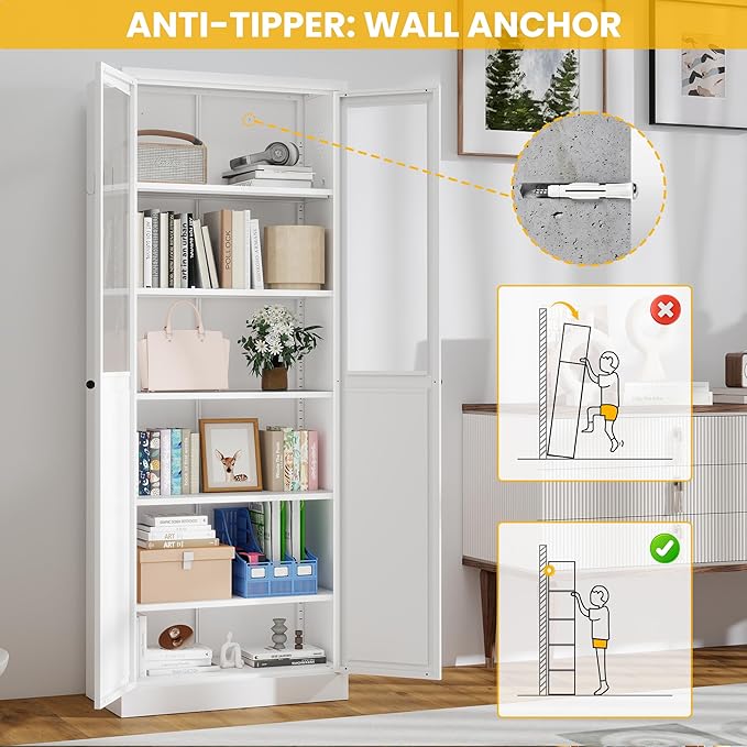Pantry Cabinet with Glass Doors, 72??Kitchen Storage Cabinets with 5 Adjustable Shelves, Kitchen Pantry Cabinet with Ventilation Holes and Hooks for Home, Living Room, Pantry (White)