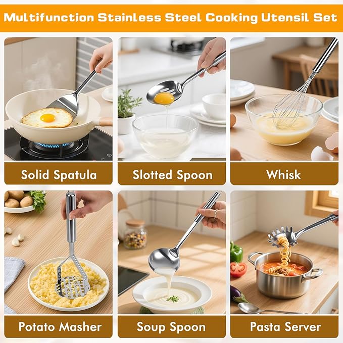10 Pcs Cooking Utensils Set, Stainless Steel Kitchen Utensils, Heat Resistant Metal Kitchen Tools Include Solid & Slotted Spatula, Spoon, Ladle, Pasta Server,Potato Maseher,Egg Whisk,Meat Fork, Silver