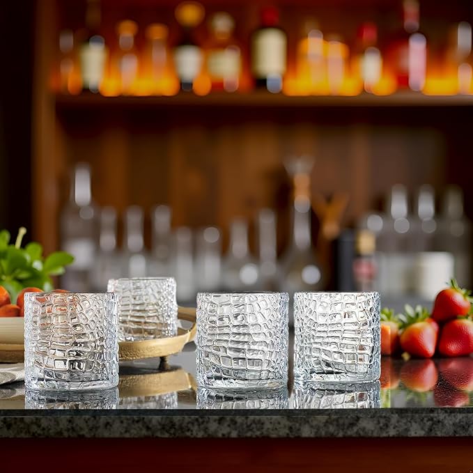 Glaver's DOF Set of 4 Clear 13oz Drinking Glasses Patent Crackle Textured Design Double Old Fashioned Whiskey Glasses Home Everyday Bar Glassware