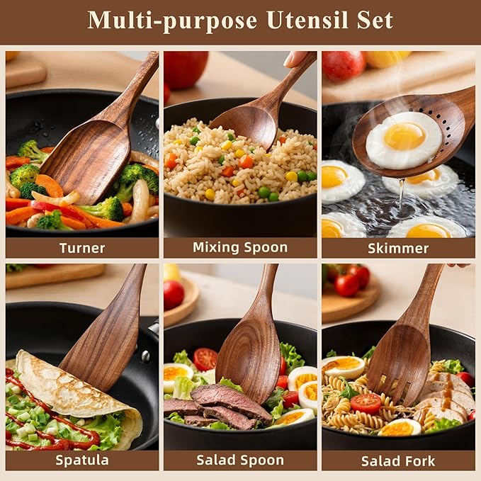 Wooden Spoons for Cooking, 12 Pcs Nonstick Wooden Cooking Utensils Set with Comfort Grip ??100% Natural Teak Wood - Sturdy, Lightweight & Heat Resistant Kitchen Utensils