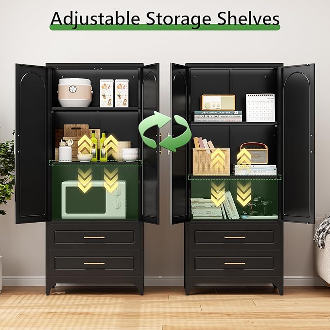 75??Metal Kitchen Pantry Storage Cabinet, Tall Storage Cabinets with Drawers and Adjustable Shelves, Modern Kitchen Hutch Cabinet竊똅reestanding Cupboard for Dining Living Room