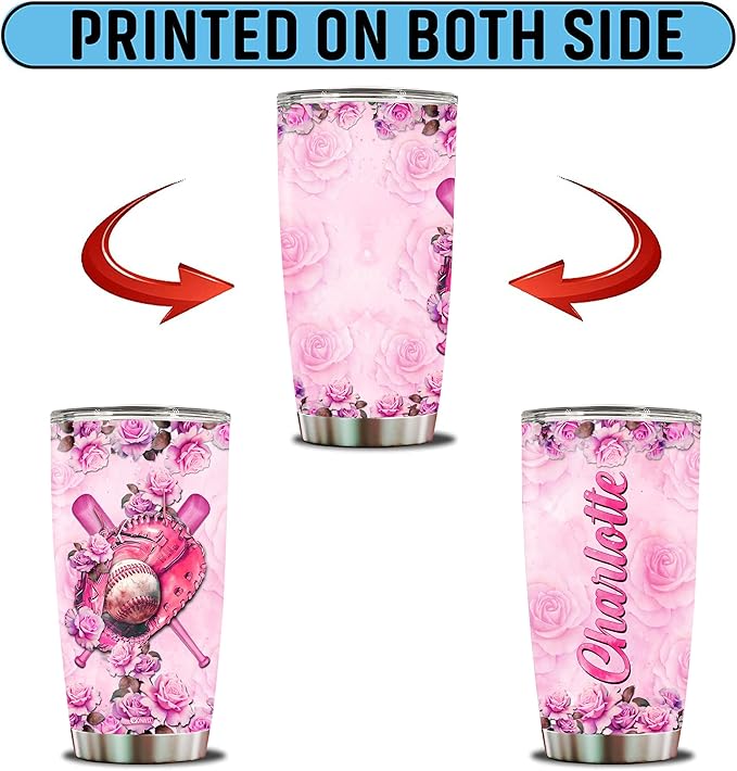 Personalized Baseball Tumbler for Mom, 20oz Insulated Stainless Steel Travel Mug Coffee Cup, Gift for Baseball Lovers, Women, Wife, Daughter, Christmas, Birthday, Mother's Day, Valentine