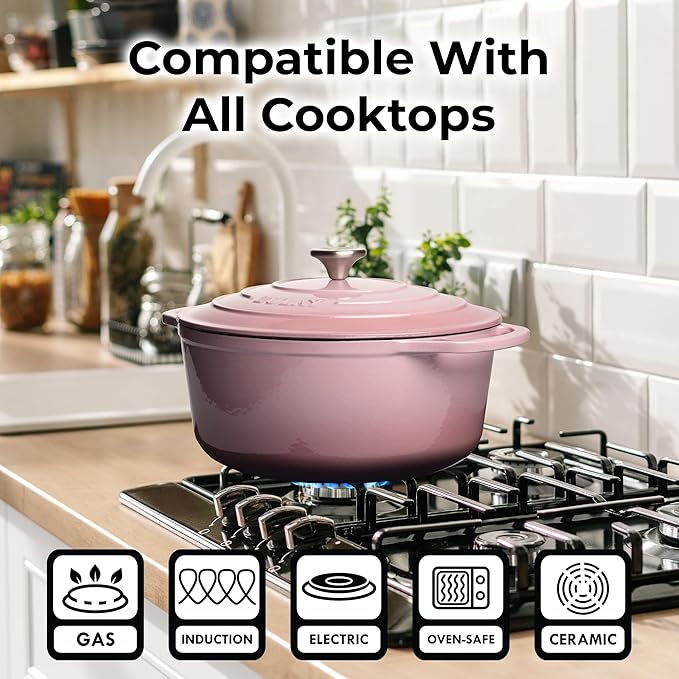 Zulay Kitchen 7.7 Quart Enameled Cast Iron Dutch Oven Pot with Lid ??Premium Durability & Oven Safe up to 500째F ??Heavy Duty Cookware Perfect for Bread Baking, Stews, Braising & Roasting ??Pink