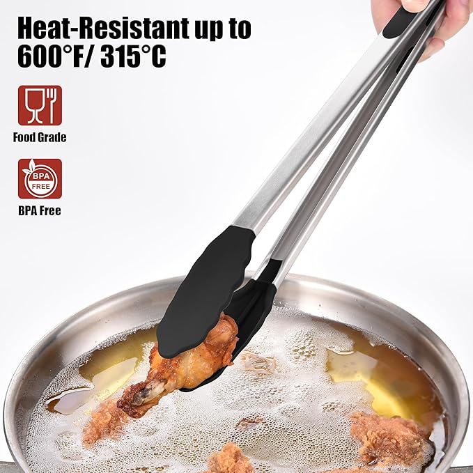 Doosu Kitchen Tongs for Cooking - 600째F Heat Resistant Food Tong with Non-Scratch Silicone Tips, Heavy Duty Stainless Steel Locking Tong for BBQ, Grilling Steak, Serving Salad, Pasta (16in, Black)