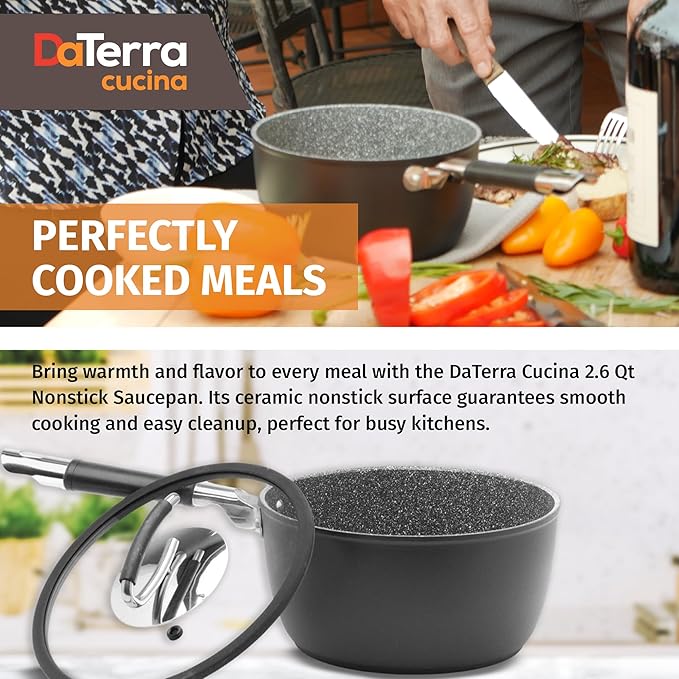 DaTerra Cucina - 2.6 Qt Nonstick Ceramic Saucepan with Lid ??Induction Compatible Cooking Pot, Nonstick Ceramic Sauce Pan for Soup, Pasta, Milk, and More, Medium Size for Kitchen, Oven Safe