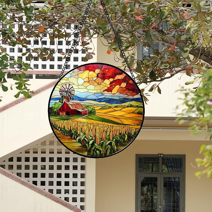 Stained Glass Window Hanging Autumn Farm Corn Harvest Landscape 7.8" - Suncatcher Garden Door Sun Catcher Home Decor Birthday Christmas for Woman Mom Friend Men Nana