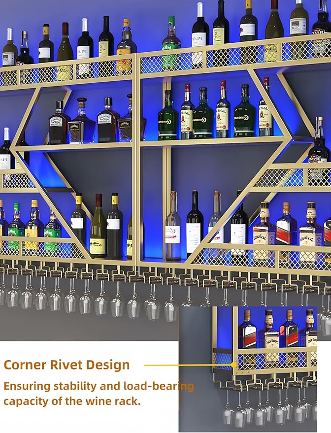79 Inch 4 Tier Metal Wine Rack Wall Mounted, Modern Bar Shelves Wall Mounted Wine Rack with LED Light, Liquor Shelf Wall Mounted, Bar Shelves for Liquor Bottles (Gold with Blue led, 79-4 Tier)