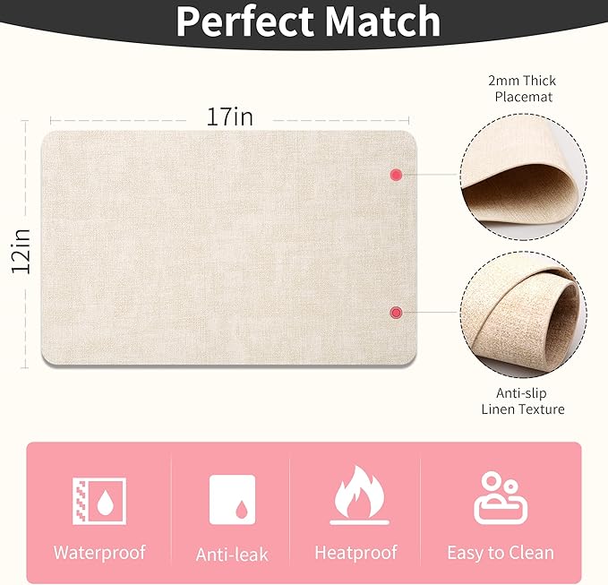 Maxpearl Faux Leather Placemats Set of 6 - Waterproof - Wipe Clean - Heat Resistant - Anti Slip Dining Table Place Mats, Suitable for Indoor & Outdoor Use, 17?쇺쇒?2?쇺? Beige